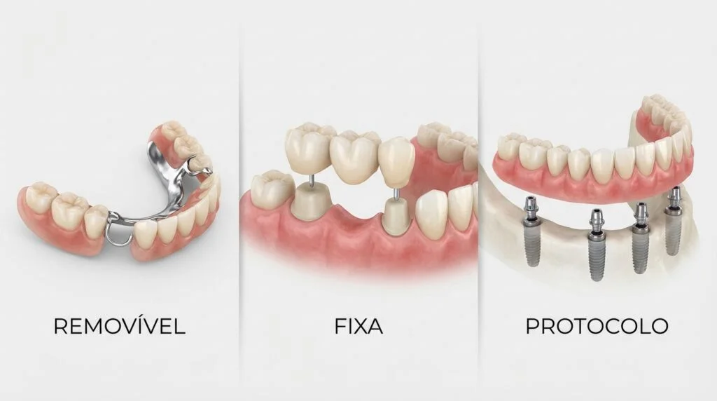 Tipos de próteses dentárias removível, fixa e protocolo